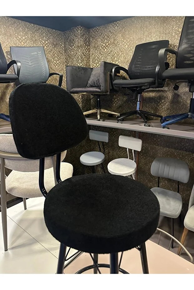 Yeni Teddy Kumaş Dolce Bar Sandalyesi Siyah.65 Cm Oturum Yüksekliği